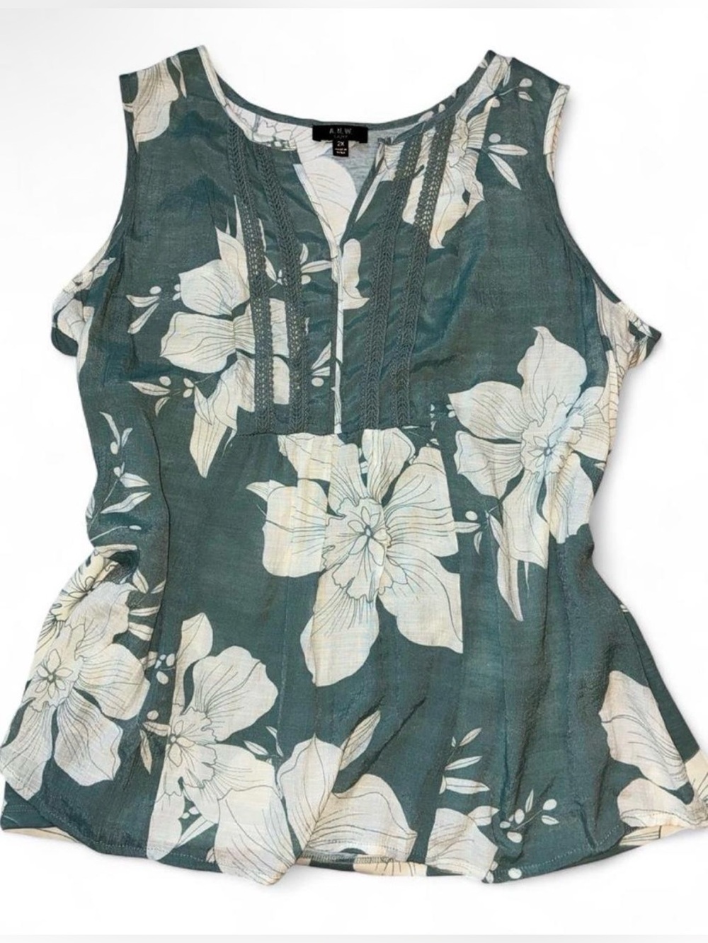 AUW White Floral & Green Sleeveless Blouse Rayon 2XL